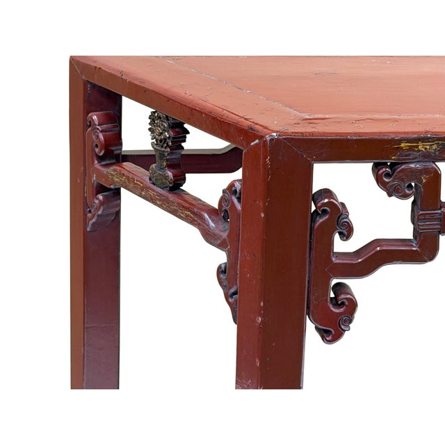 Brown Distressed Reddish Brown Trapezoidal Geometric Lattice Panel Console Table For Sale - Image 8 of 13