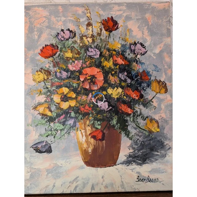 Bert Brand vintage original floral oil painting on canvas featuring a vibrant bouquet of flowers in bold mid-century...