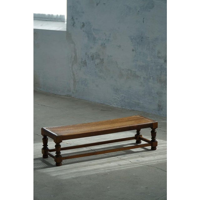 Danish Oak Ottoman with Hand-Embroidered Cushion and Cane Seat, 1940s For Sale - Image 12 of 18