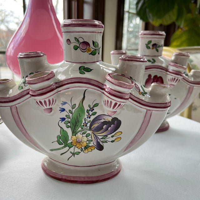 White Pair of Faience tulipiere vases // traditional decor // tulip vase // floral design // specimen vase // multi spout vase // French Antique For Sale - Image 8 of 10