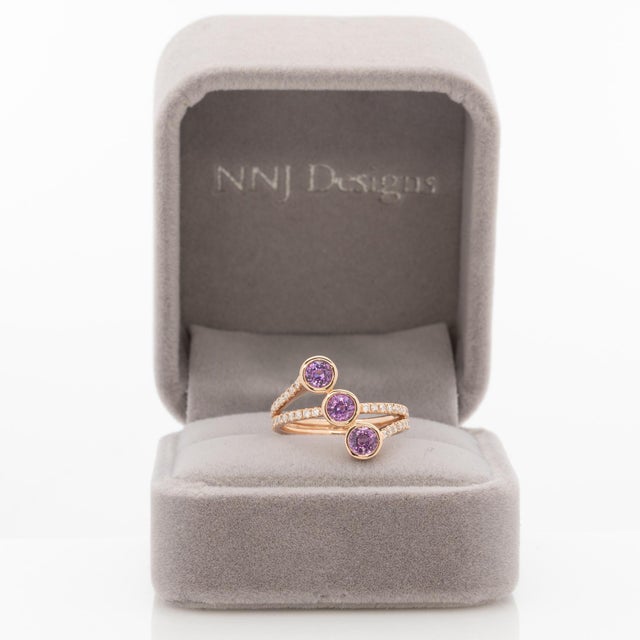 Modern 2.1Ct Purple Sapphire Three-Stone Wrap Ring With Diamond Accents: Solid 14k Gold, Size 6.75 For Sale - Image 3 of 8