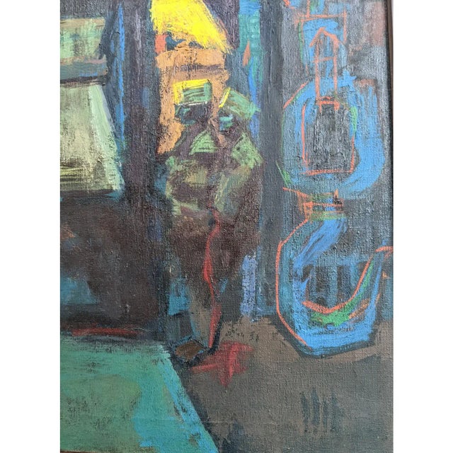 Vintage Modernist Brutalist Construction Scaffolding Architectural Building Oil Painting Framed For Sale In Charlotte - Image 6 of 12