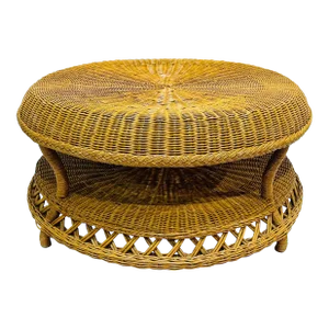 Mid 20th Century Vintage Natural Woven Wicker Coffee Table, Round With Shelf