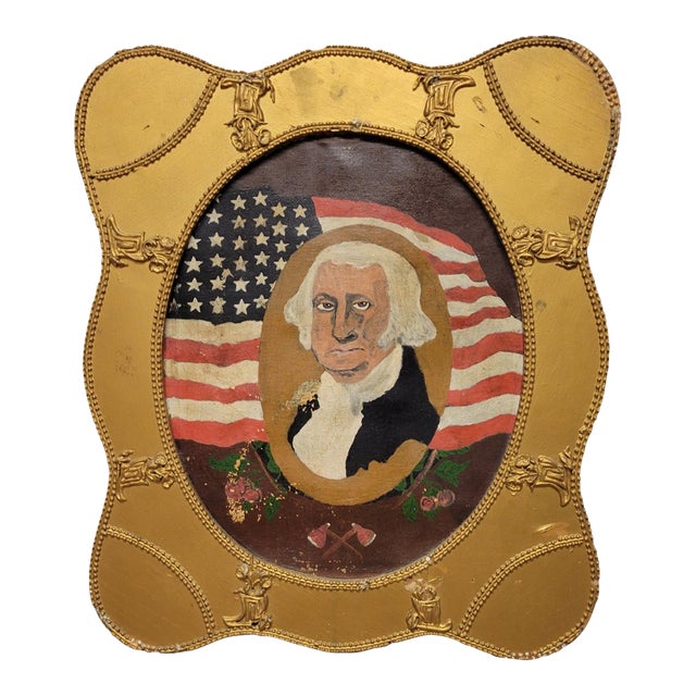 Antique American Folk Art Oil Painting of George Washington Portrait With Flag For Sale