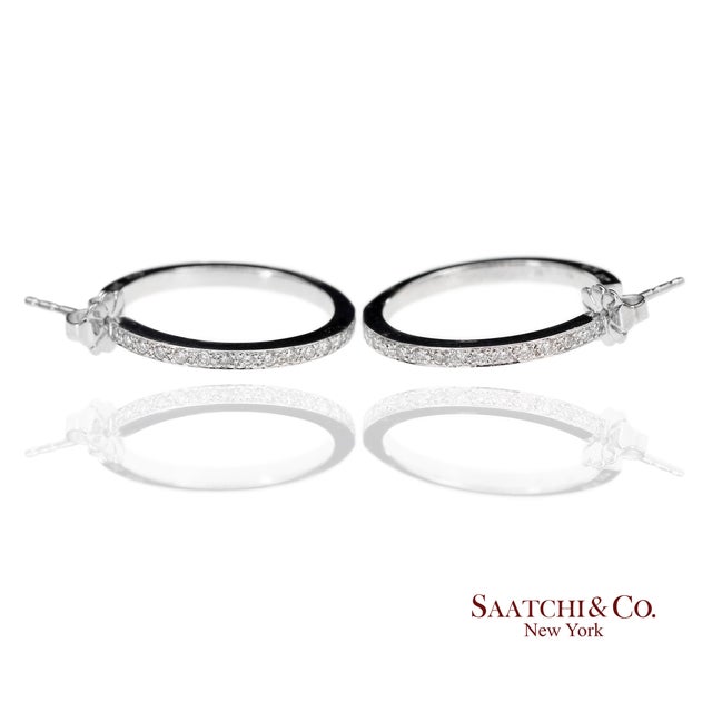 18k(750) Solid White Gold Natural Diamond Hoop Earrings, A Pair For Sale - Image 4 of 13