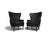 Pair of dramatic high-back armchairs with rounded, sculptural backs upholstered in black leather with classic button-...