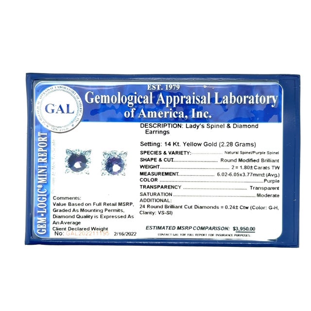 Purple Natural Spinel Diamond Earrings 14k Y Gold 2.04 TCW Certified For Sale - Image 8 of 8