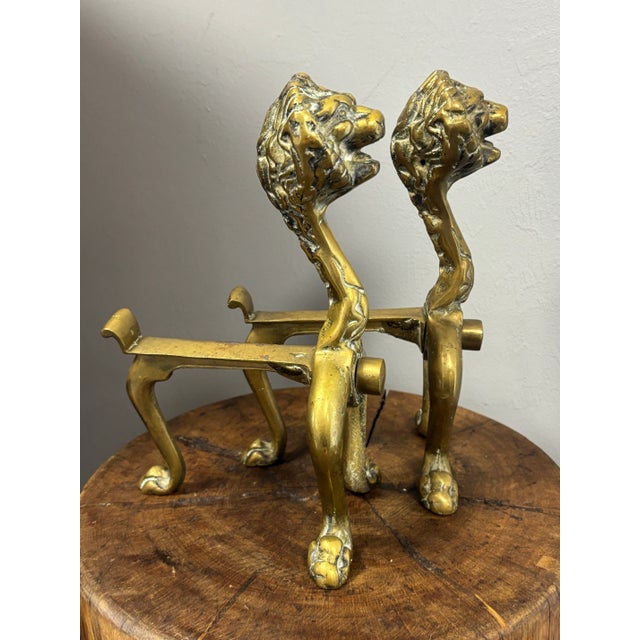 Antique English Brass Lion Andirons For Sale - Image 4 of 8