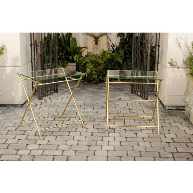 Mid-Century Modern Vintage Pair of Italian Brass and Glass Folding Side Table with Sandaled Feet For Sale - Image 3 of 10