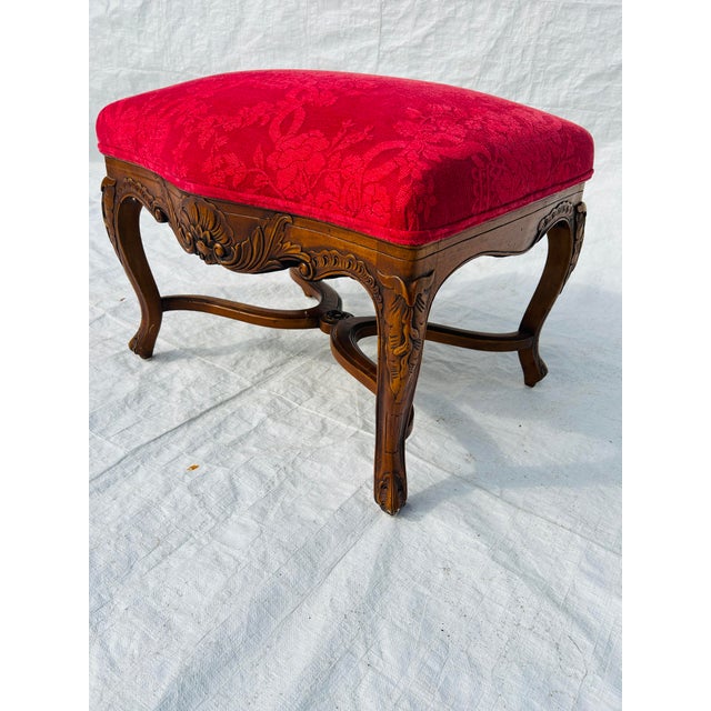 90's Vintage French Style Red Upholstery Footstool in very good condition. 25" L X 21.5"D X 17.5"H