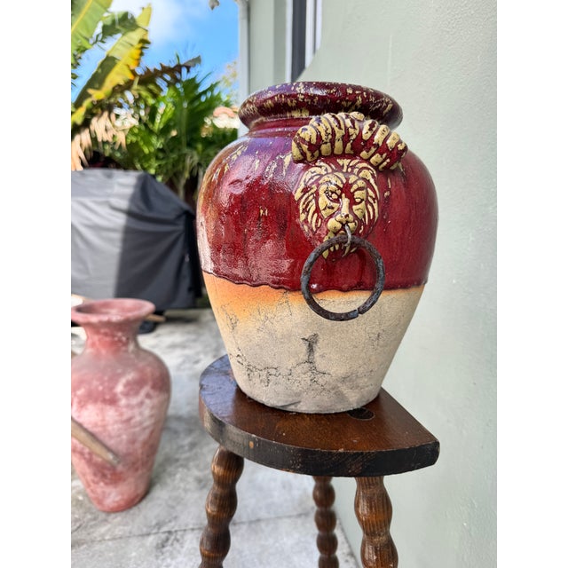 Art Nouveau Vintage Terracotta Lion-Head Handles Vessel / Urn — Italian Mediterranean Style For Sale - Image 3 of 9