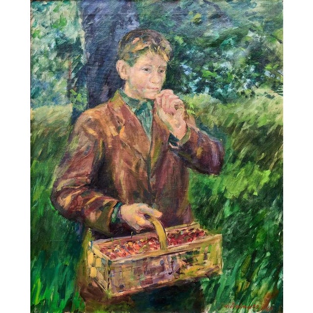 Czech Artist, Boy with a Basket of Cherries, 1960, Oil on Canvas, Framed For Sale - Image 7 of 8