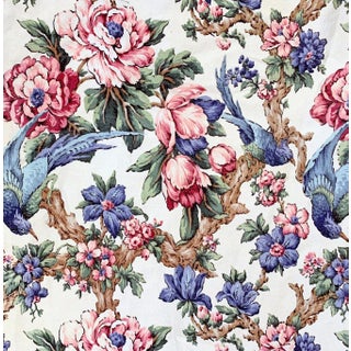 Vintage Dorothy Draper Style Bluebird Floral Barkcloth Remnants- Pair For Sale