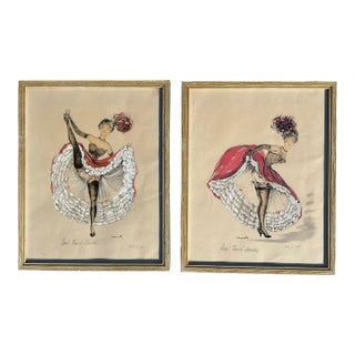1950s Pair of Original French Cabaret CanCan Dancers Watercolor Paintings by Janicotte For Sale