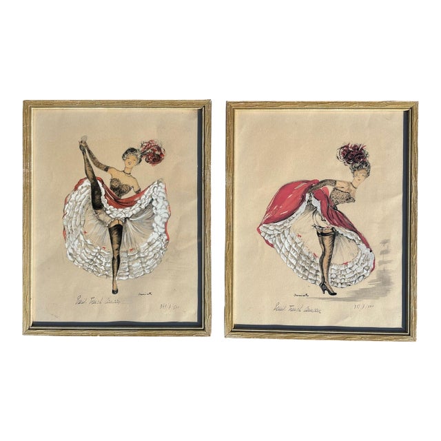 1950s Pair of Original French Cabaret CanCan Dancers Watercolor Paintings by Janicotte For Sale