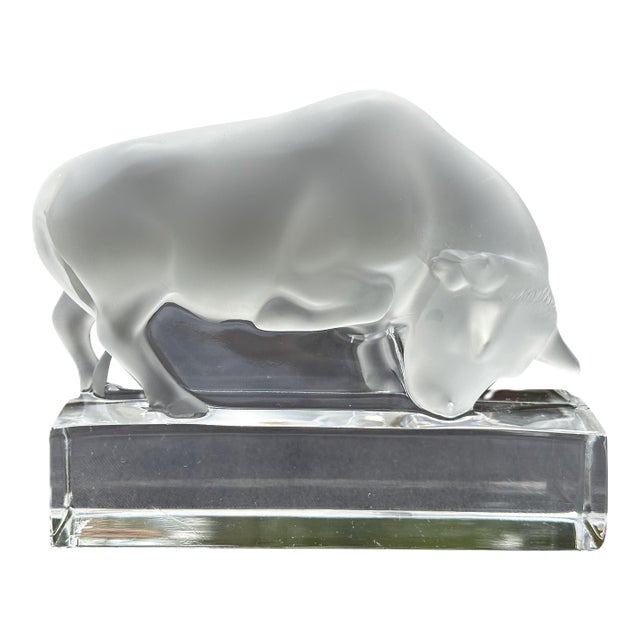 Lalique Crystal Charging Bull Paperweight – French Crystal Frosted Glass Figurine, Signed, Mid 20th Century For Sale