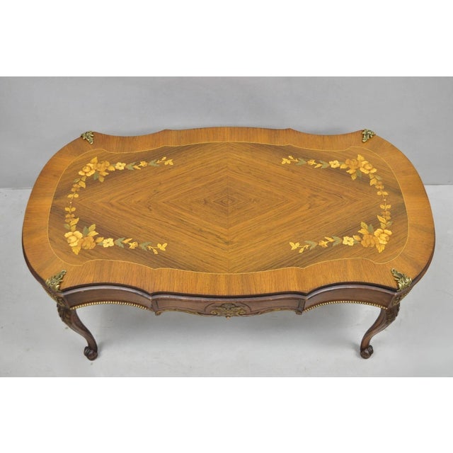 Antique French Louis XV Style Floral Inlay Walnut Coffee Table with Single Dovetailed Drawer and Bronze Ormolu. Circa...