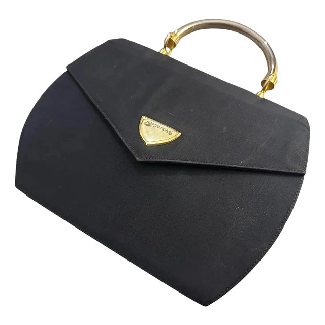 Elegant 1990s Black Fabric, Brass and Chromed Metal Hand-Bag by Sergio Rossi For Sale