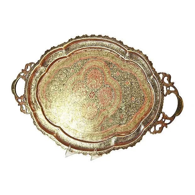 Early 20th Century Antique Engraved Enameled 23" Oval Brass Tray For Sale - Image 5 of 8
