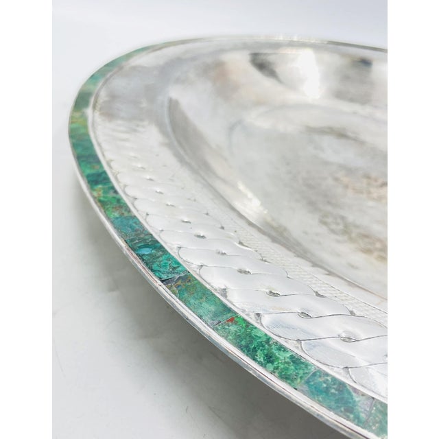 1980s Massive Emilia Castillo Silver Plate & Malachite Taxco Serving Bowl, Hand Signed For Sale - Image 12 of 18