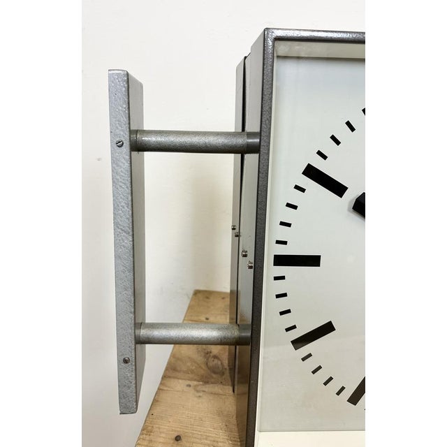 Gray Large Industrial Square Double Sided Factory Wall Clock from Pragotron, 1970s For Sale - Image 8 of 16