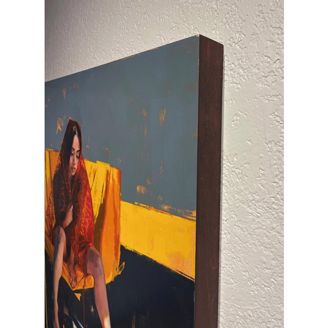 Contemporary Dreamer by Ryan Morse | Oil on Board Portrait of a woman seated in a chair with a red shawl. For Sale - Image 3 of 5