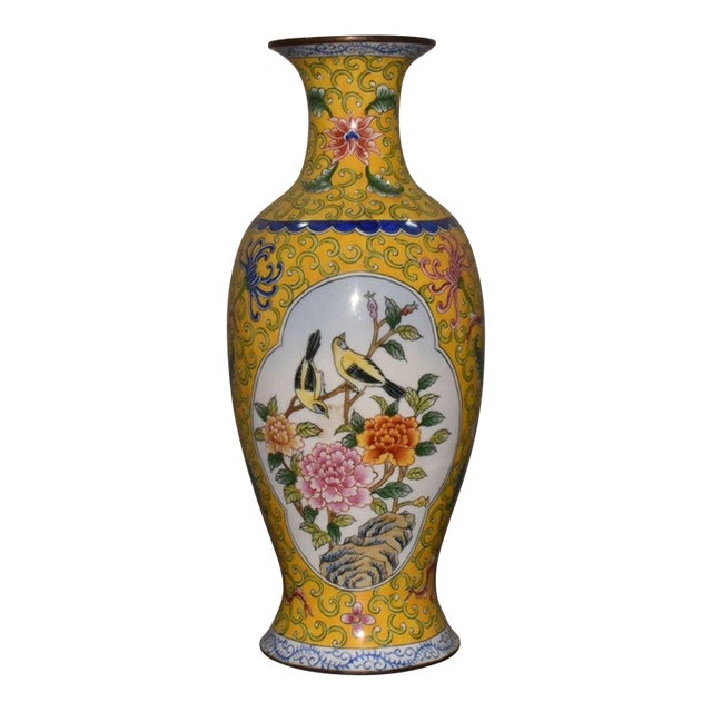 Vintage Chinese Gilt Copper Enamel "Bird & Flower" Vase, Qianlong Mark - 663g For Sale