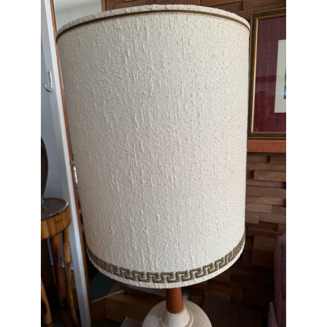 1960s Mid-Century Modern Textured Ceramic & Walnut Table Lamps With Original Tall Drum Shades - Pair For Sale - Image 10 of 12