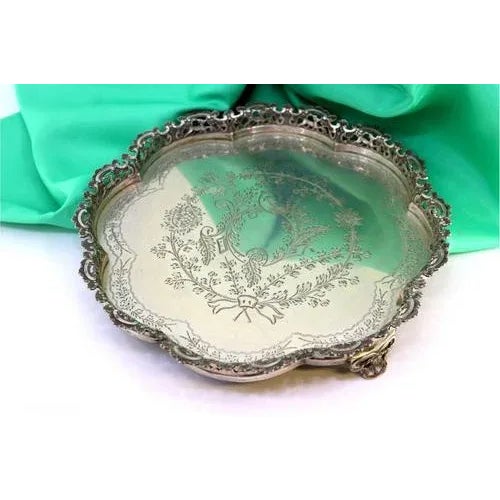 Metal Silver Plated Salver with Scalloped and Guilloche Grid For Sale - Image 7 of 7