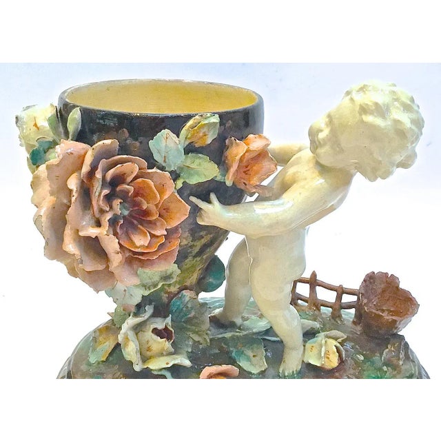 Green Antique French Barbotine Majolica Cherub & Floral Urn Jar For Sale - Image 8 of 11