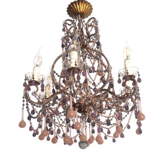 Vintage Gilded Metal Murano Glass Drop Chandelier, 1940s For Sale