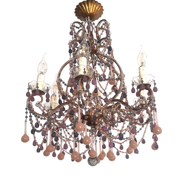 Vintage Gilded Metal Murano Glass Drop Chandelier, 1940s For Sale