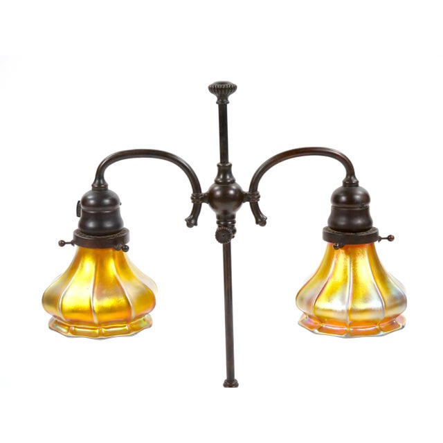Art Nouveau Tiffany Studios New York Signed Bronze Base and Globes Double Student Lamp For Sale - Image 3 of 12