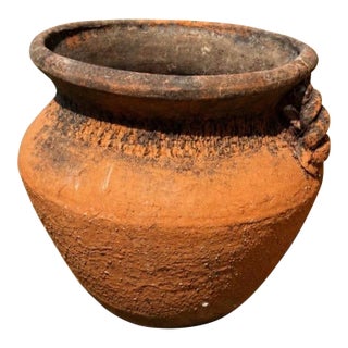 Vintage Mediterranean Terracotta Garden Planter With Applied Handles & Aged Patina For Sale
