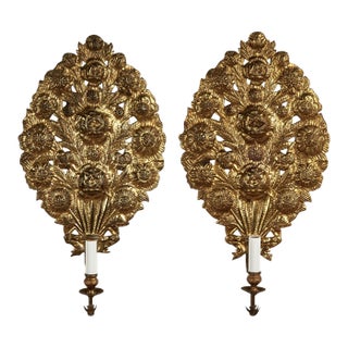 Pair of Antique Italian Brass Floral Wall Sconces For Sale
