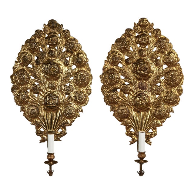 Pair of Antique Italian Brass Floral Wall Sconces For Sale