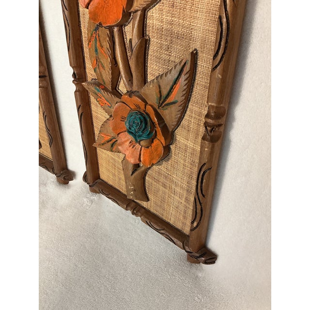 Pair Mid Century Carved Wood Flower Art Wall Hanging Plaques, Tiki Bar Tropical Exotic Decor Circa 50s 60s For Sale - Image 9 of 12