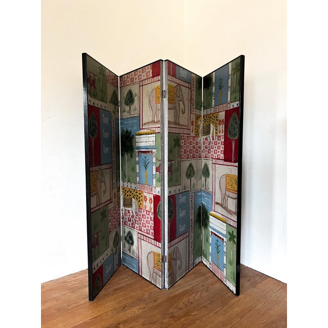 Folk-Inspired Wallpaper Folding Screen, Four Panels, C. 1970s For Sale - Image 10 of 11