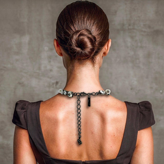 Oscar De La Renta Hematite Plated Crystal Pearl Multi-Stone Statement Necklace For Sale - Image 14 of 14