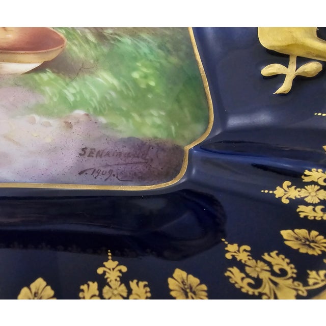 1900 - 1909 1909 Limoges Hand-Painted Raynaud Porcelain Blue Cobalt and Double Gilt Decorated Platter, Signed For Sale - Image 5 of 8