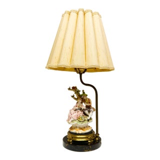 Porcelain Figure Table Lamp With Scallop Shade For Sale