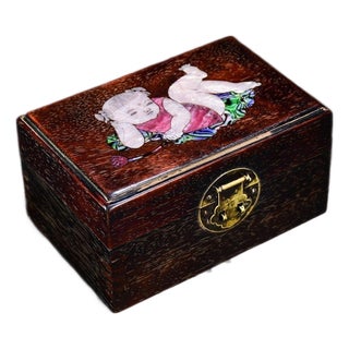 Vintage Rosewood Box With Mother-of-Pearl Inlay of a Boy With Lotus - Jewelry Box For Sale