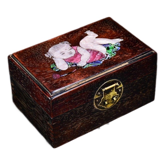 Vintage Rosewood Box With Mother-of-Pearl Inlay of a Boy With Lotus - Jewelry Box For Sale
