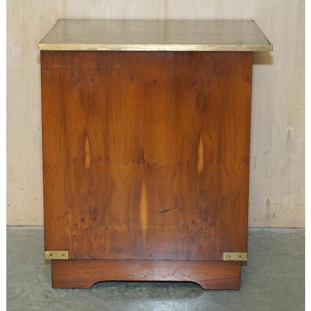 Vintage Burr Yew Wood & Green Leather Military Campaign Nightstands, Set of 2 For Sale - Image 13 of 18