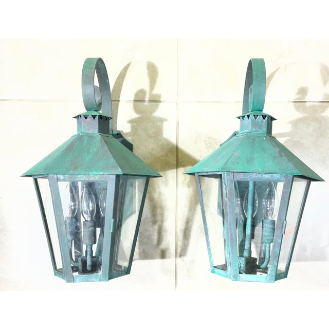 Vintage Solid Copper & Brass Outdoor Lantern Sconces / 18”h X 11”w X 12”d For Sale - Image 11 of 18