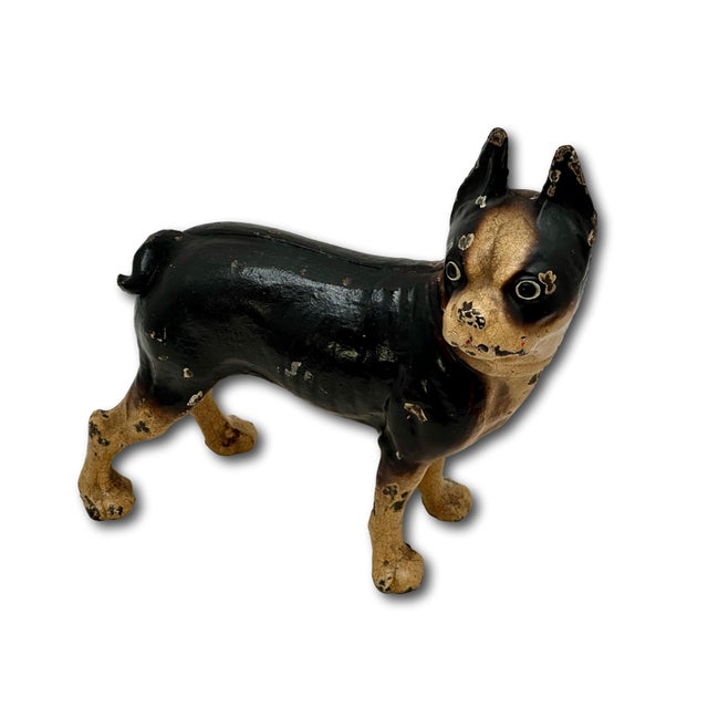 Metal Hard 2 Find Vintage 1930s Hubley Manufacturing Co. Brown Painted Boston Terrier Cast Iron Dog Doorstop For Sale - Image 7 of 18