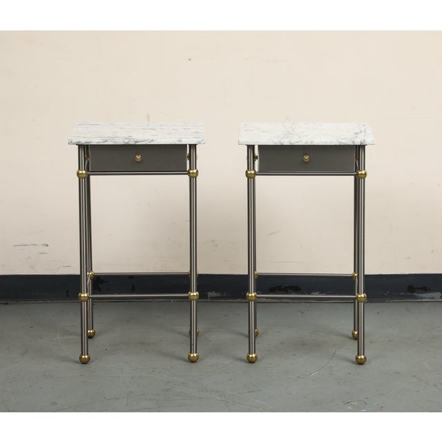 Pair of 20th Century Hollywood Regency Style Marble, Brass and Steel End Tables For Sale - Image 4 of 13