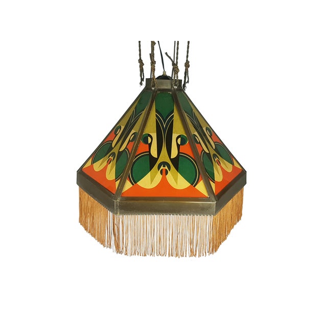 Rare 1920s-30s chandelier made in the style of the Amsterdam School. Oxidated copper frame with hexagonal base completed...