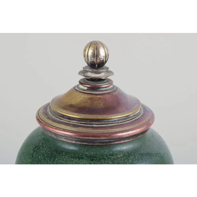 Ceramic Jar Glazed in Green Hues with a Brass and Bronze Lid, 1930s For Sale - Image 3 of 10