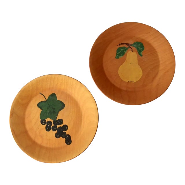 Vintage Hand-Painted Wooden Plate Pair For Sale